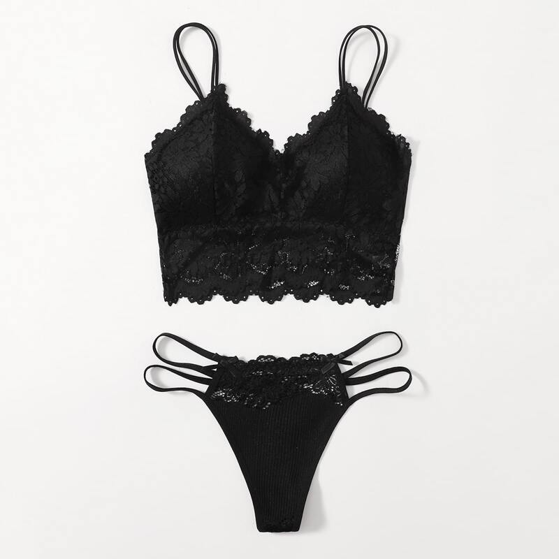 

Floral Lace Longline Lingerie Set, Black