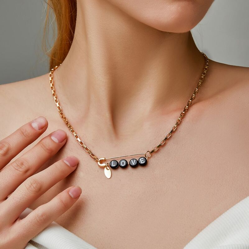 

Letter Beaded & Safety Pin Necklace, Black