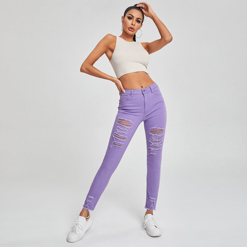 

Ripped Raw Hem Jeans, Purple