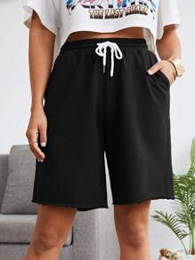 Muchica Drawstring Solid Shorts - Black - View 1