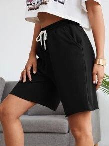 Muchica Drawstring Solid Shorts - Black - View 3