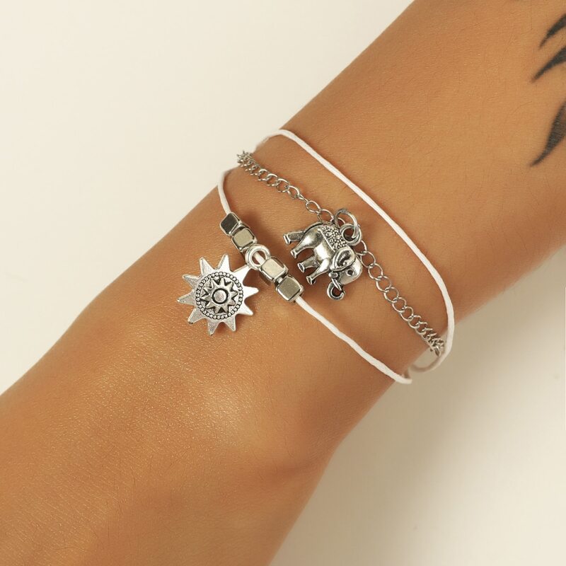 

1pc Elephant Charm Layered Bracelet, Silver