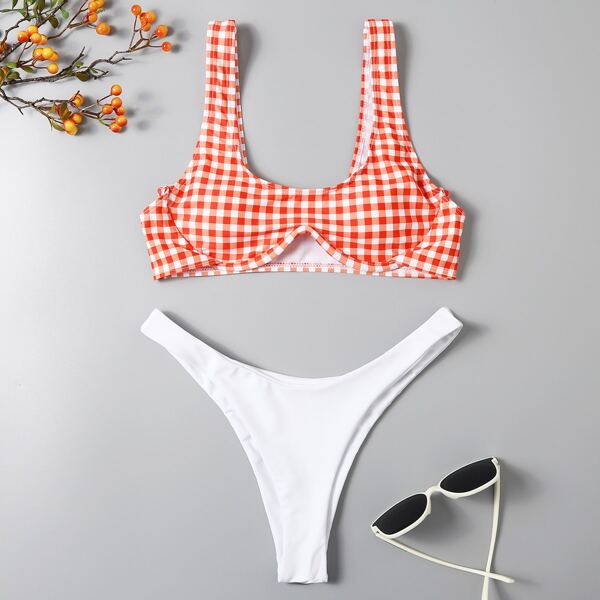 

Gingham Underwire High Cut Bikini Swimsuit, Red and white
