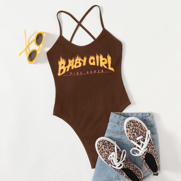 

Letter Graphic Crisscross Detail Cami Bodysuit, Coffee brown