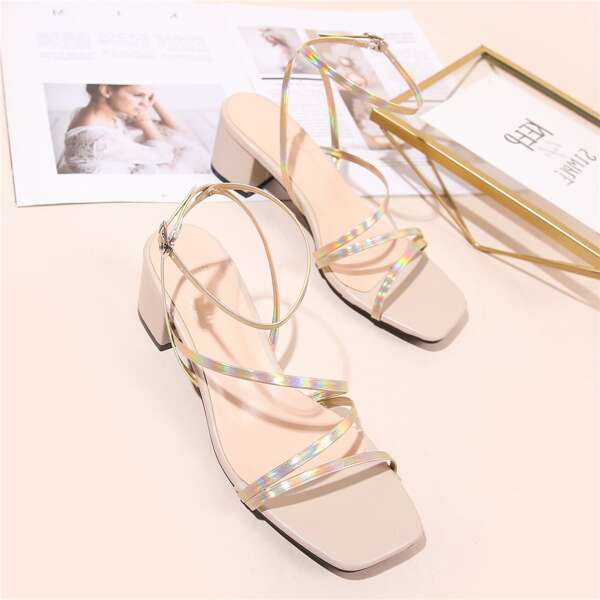

Holographic Ankle Strap Chunky Sandals, Gold