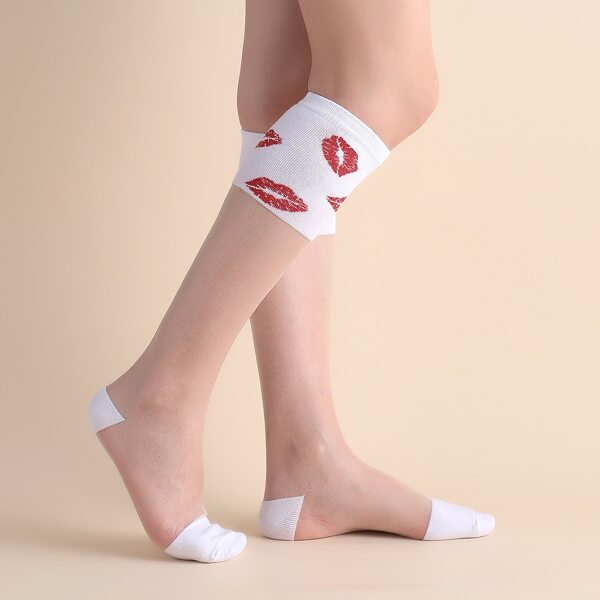 

Lip Print Over The Calf Socks, White