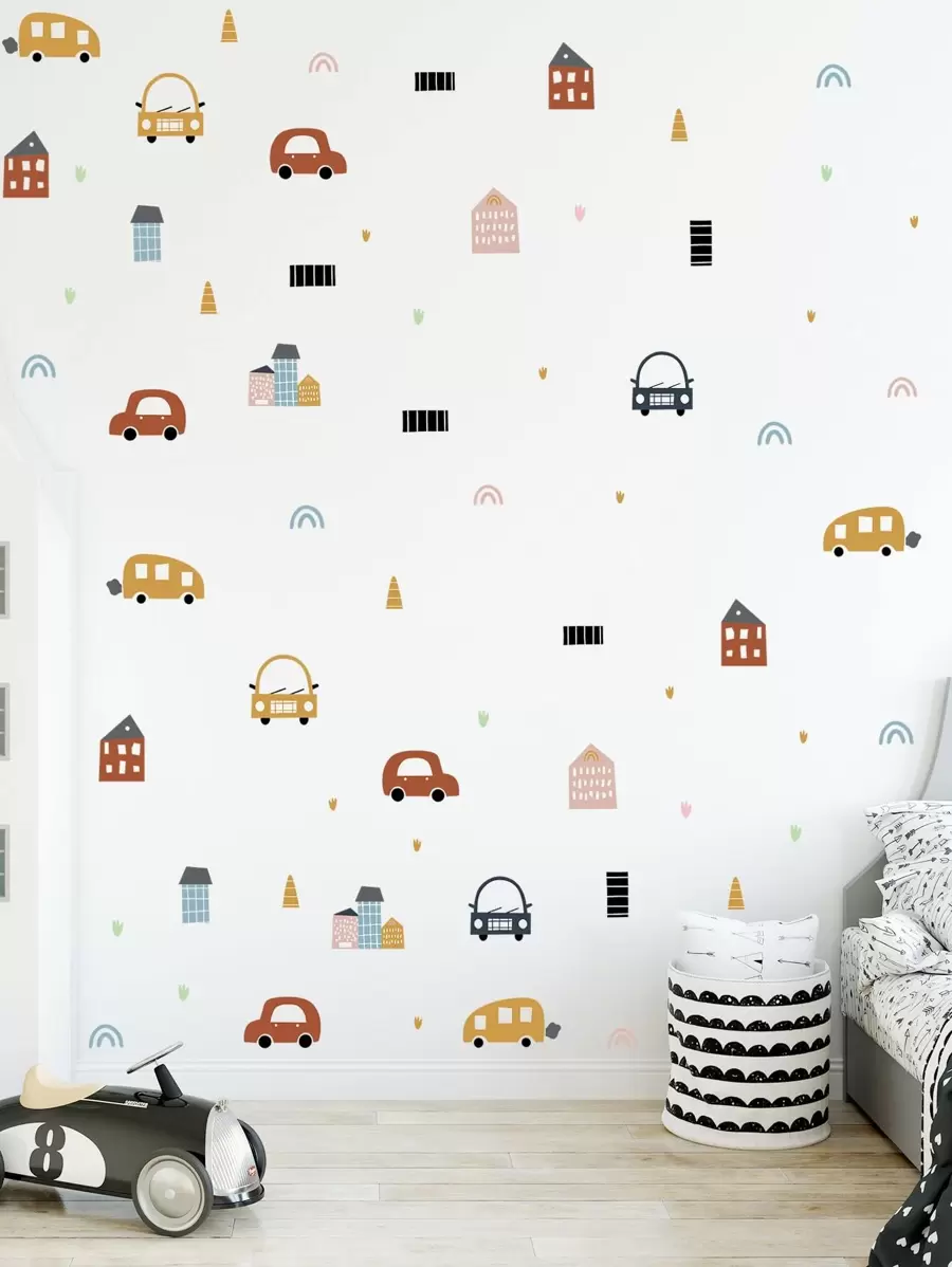 1 件房屋和汽车印花墙贴，卡通 PVC 墙贴，用于家居装饰，贴纸，墙贴，乙烯基贴花，用于家居装饰，春季装饰品让您的家焕然一新，Rama 装饰贴纸