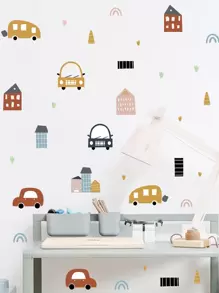 1 件房屋和汽车印花墙贴，卡通 PVC 墙贴，用于家居装饰，贴纸，墙贴，乙烯基贴花，用于家居装饰，春季装饰品让您的家焕然一新，Rama 装饰贴纸