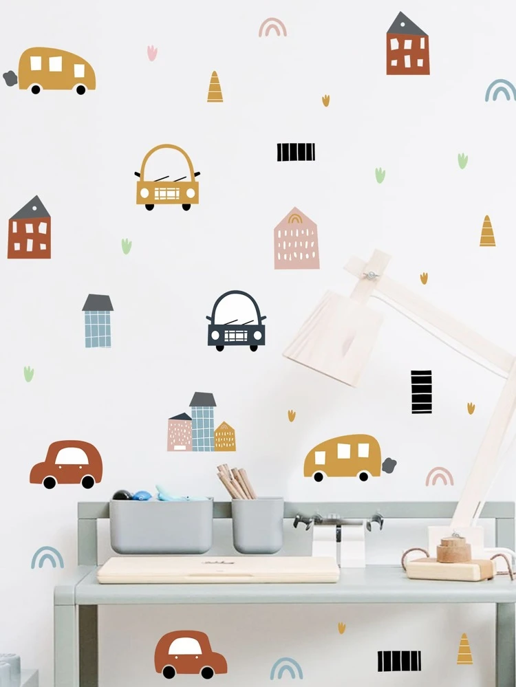 1pc House & Car Print Wall Sticker, Cartoon PVC Wall Decal For Home Decoration,Stickers,Wall Decal, Vinyl Decal For Home Decorations,Spring Decoration Items Refresh Your Home,Rama Decoration Stickers