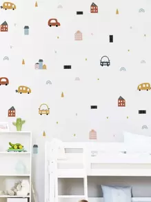 1 件房屋和汽车印花墙贴，卡通 PVC 墙贴，用于家居装饰，贴纸，墙贴，乙烯基贴花，用于家居装饰，春季装饰品让您的家焕然一新，Rama 装饰贴纸