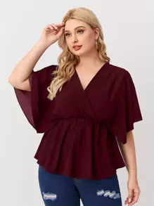 大碼交叉領荷葉邊下擺襯衫 - 酒紅色 - 查看 1