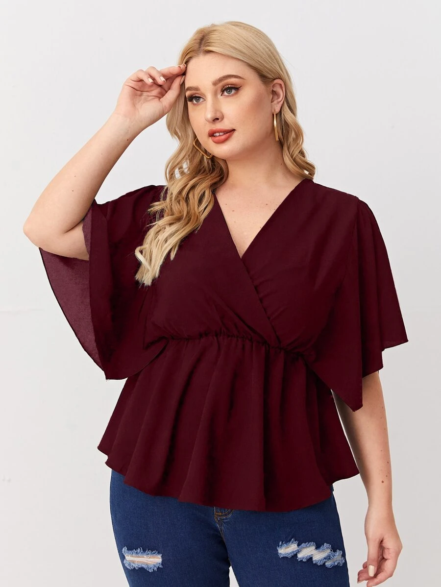 大碼交叉領荷葉邊下擺襯衫 - 酒紅色 - 查看 1