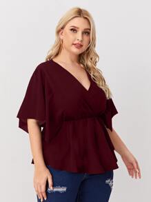 大碼交叉領荷葉邊下擺襯衫 - 酒紅色 - 查看 3