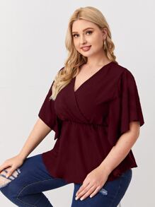 大碼交叉領荷葉邊下擺襯衫 - 酒紅色 - 查看 4