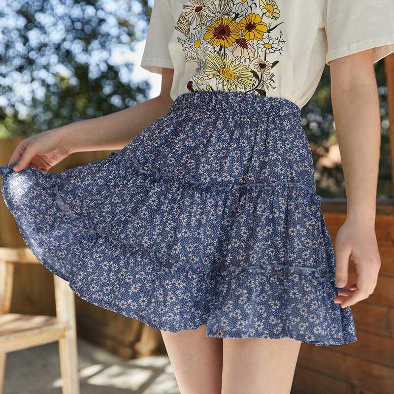 

Daisy Floral Tiered Skirt, Navy blue