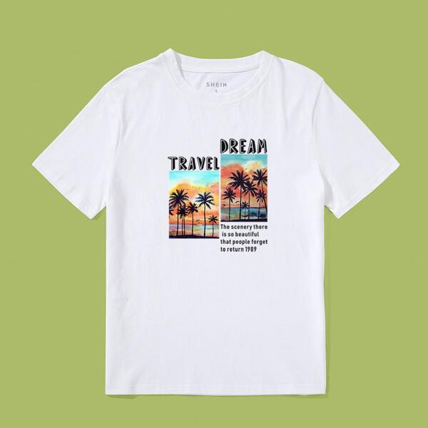 

Tropical & Slogan Print Tee, White