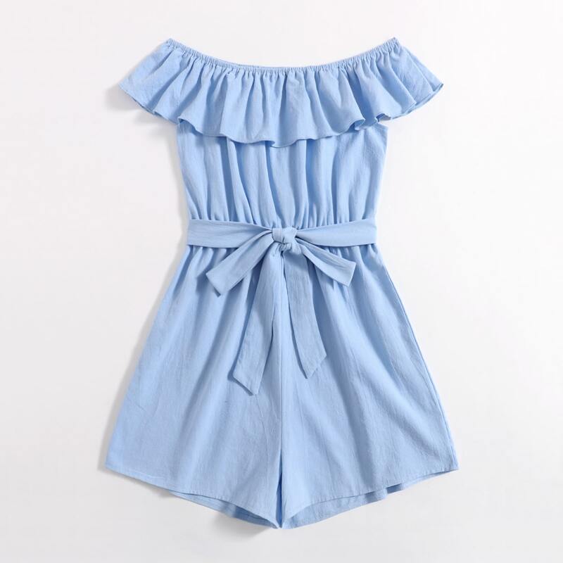 

Off The Shoulder Belted Romper, Baby blue
