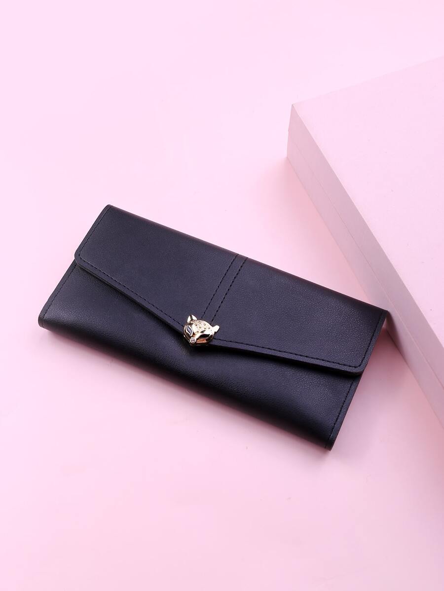 Metal Fox Detail Long Wallet - Black - View 1