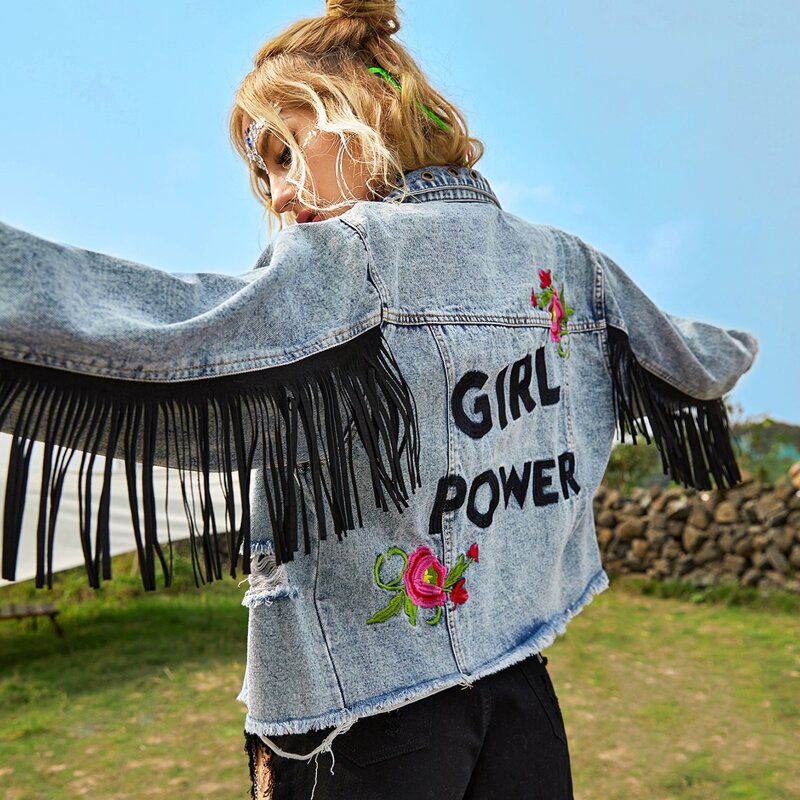 

Floral Embroidery Fringe Denim Jacket, Light wash