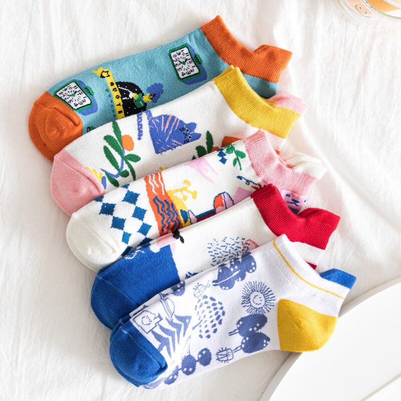 

5pairs Graphic Ankle Socks, Multicolor
