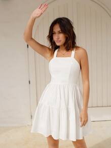 SHEIN 十字交叉荷葉邊下擺素色吊帶洋裝 - 白色 - 查看 1