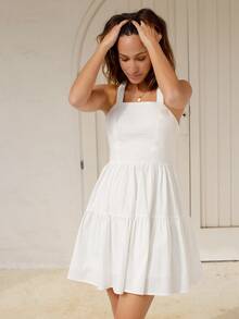 SHEIN 十字交叉荷葉邊下擺素色吊帶洋裝 - 白色 - 查看 5