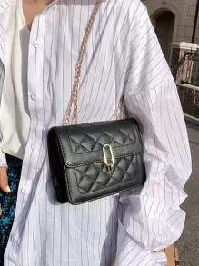 Quilted Chain Shoulder Bag - Black - View 1