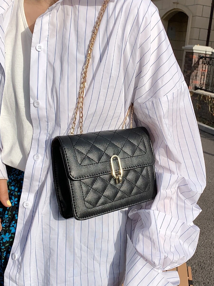 Quilted Chain Shoulder Bag - Black - View 1