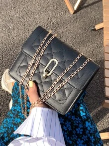 Quilted Chain Shoulder Bag - Black - View 3