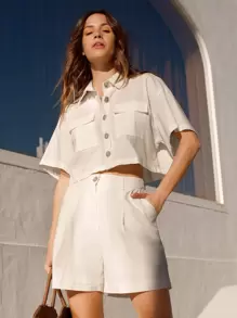 SHEIN Camisa corta con bolsillo con solapa de hombros caídos - Blanco - Ver 1