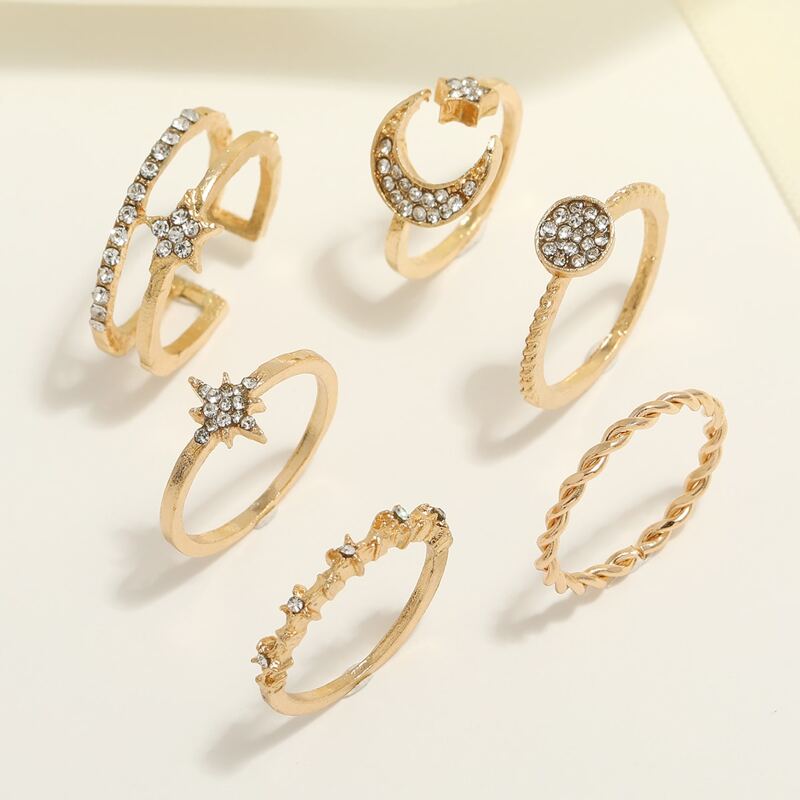 

6pcs Rhinestone Decor Ring, Gold