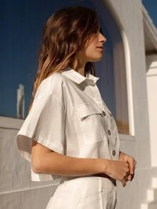 SHEIN Camisa corta con bolsillo con solapa de hombros caídos - Blanco - Ver 4