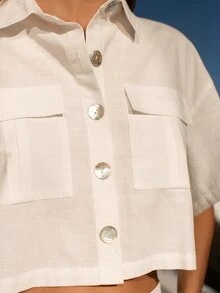 SHEIN Camisa corta con bolsillo con solapa de hombros caídos - Blanco - Ver 5