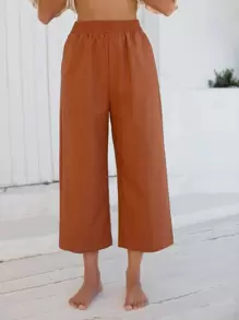 SHEIN Elastic Waist Wide Leg Cropped Trousers - Rust Brown - View 1