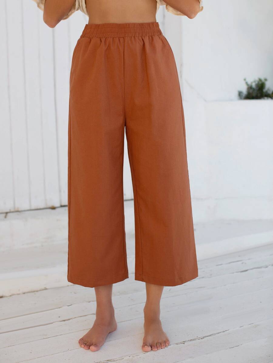SHEIN Elastic Waist Wide Leg Cropped Trousers - Rust Brown - View 1