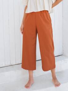 SHEIN Elastic Waist Wide Leg Cropped Trousers - Rust Brown - View 4
