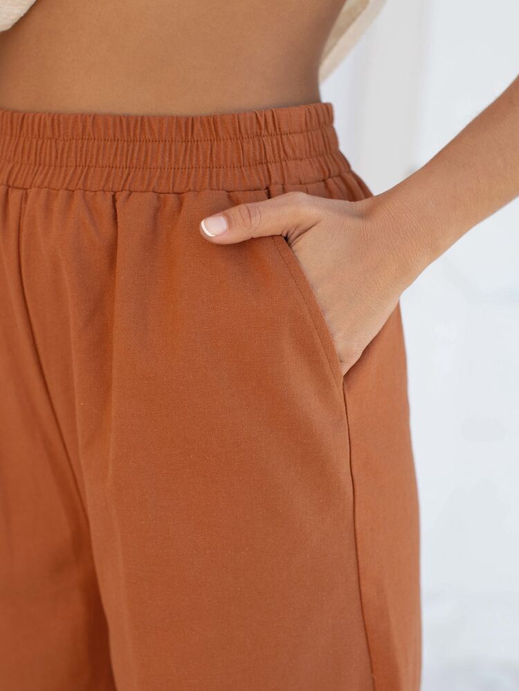 SHEIN Elastic Waist Wide Leg Cropped Trousers - Rust Brown - View 5