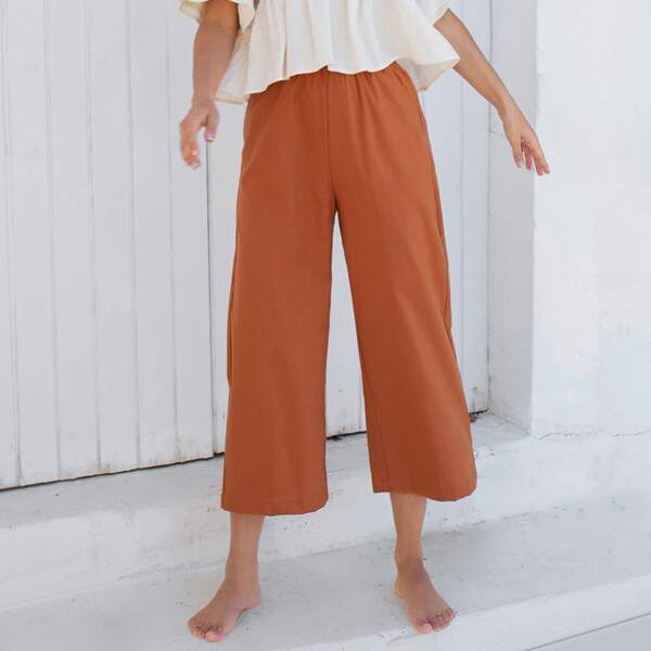 

Elastic Waist Wide Leg Cropped Pants, Rust brown