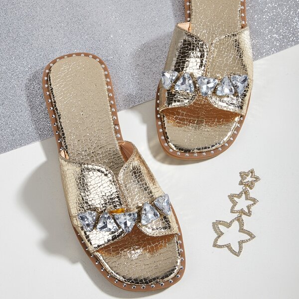

Metallic Rhinestone Decor Slide Sandals, Gold