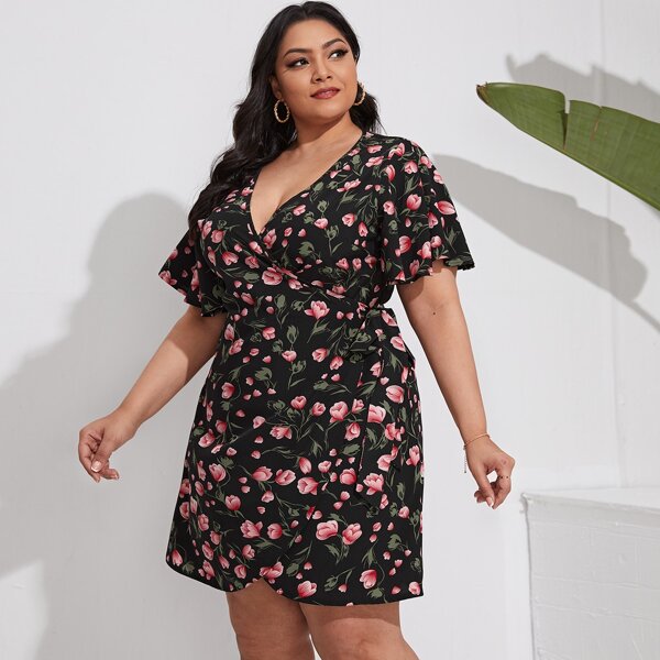 

Plus Floral Flutter Sleeve Tie Side Wrap Dress, Multicolor