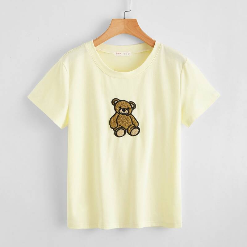 

Cartoon Bear Pattern Tee, Yellow