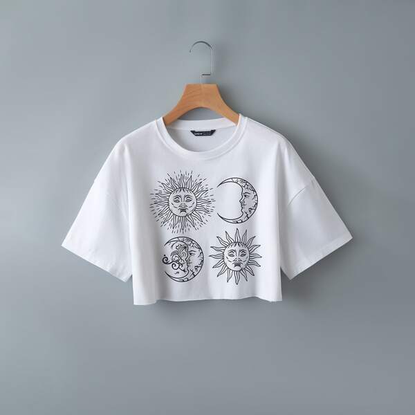 

Moon And Sun Print Crop Tee, White