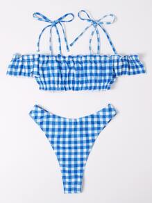 Conjunto de bikini a cuadros con hombros fruncidos y lazos - Azul y blanco - Ver 2