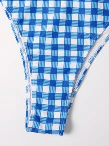 Conjunto de bikini a cuadros con hombros fruncidos y lazos - Azul y blanco - Ver 5