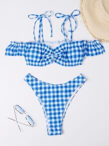 Conjunto de bikini a cuadros con hombros fruncidos y lazos - Azul y blanco - Ver 6