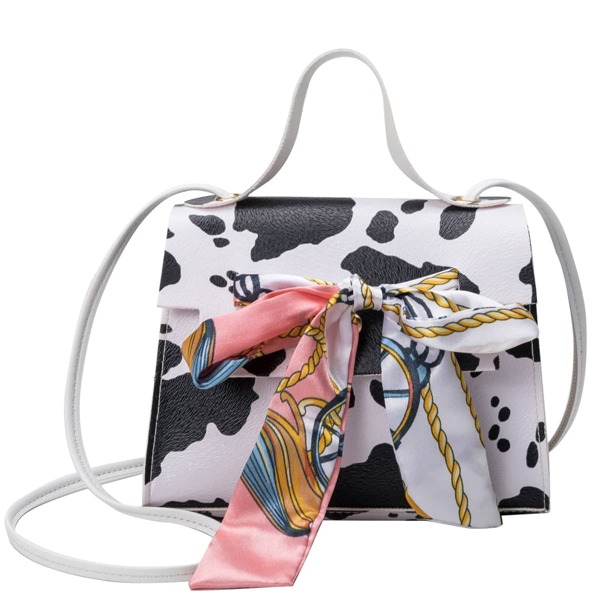 

Twilly Scarf Decor Cow Pattern Satchel Bag, Black and white