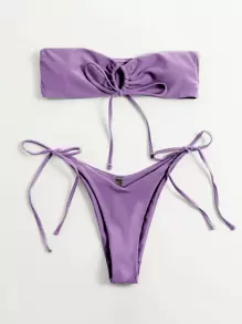Self Tie Bandeau Top & High Cut Bottom Bikini Set, For Summer Beach Vacation - Purple - View 1