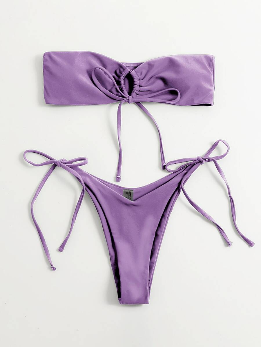 Self Tie Bandeau Top & High Cut Bottom Bikini Set, For Summer Beach Vacation - Purple - View 1