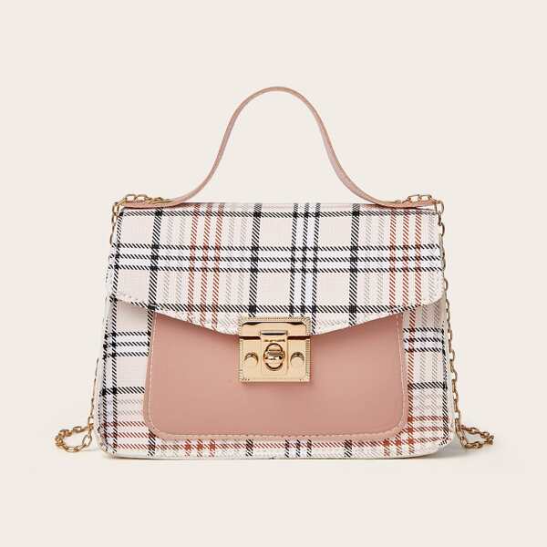 

Plaid Pattern Twist Lock Flap Chain Bag, Pink