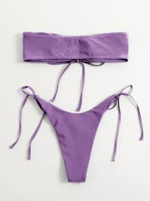 Self Tie Bandeau Top & High Cut Bottom Bikini Set, For Summer Beach Vacation - Purple - View 2